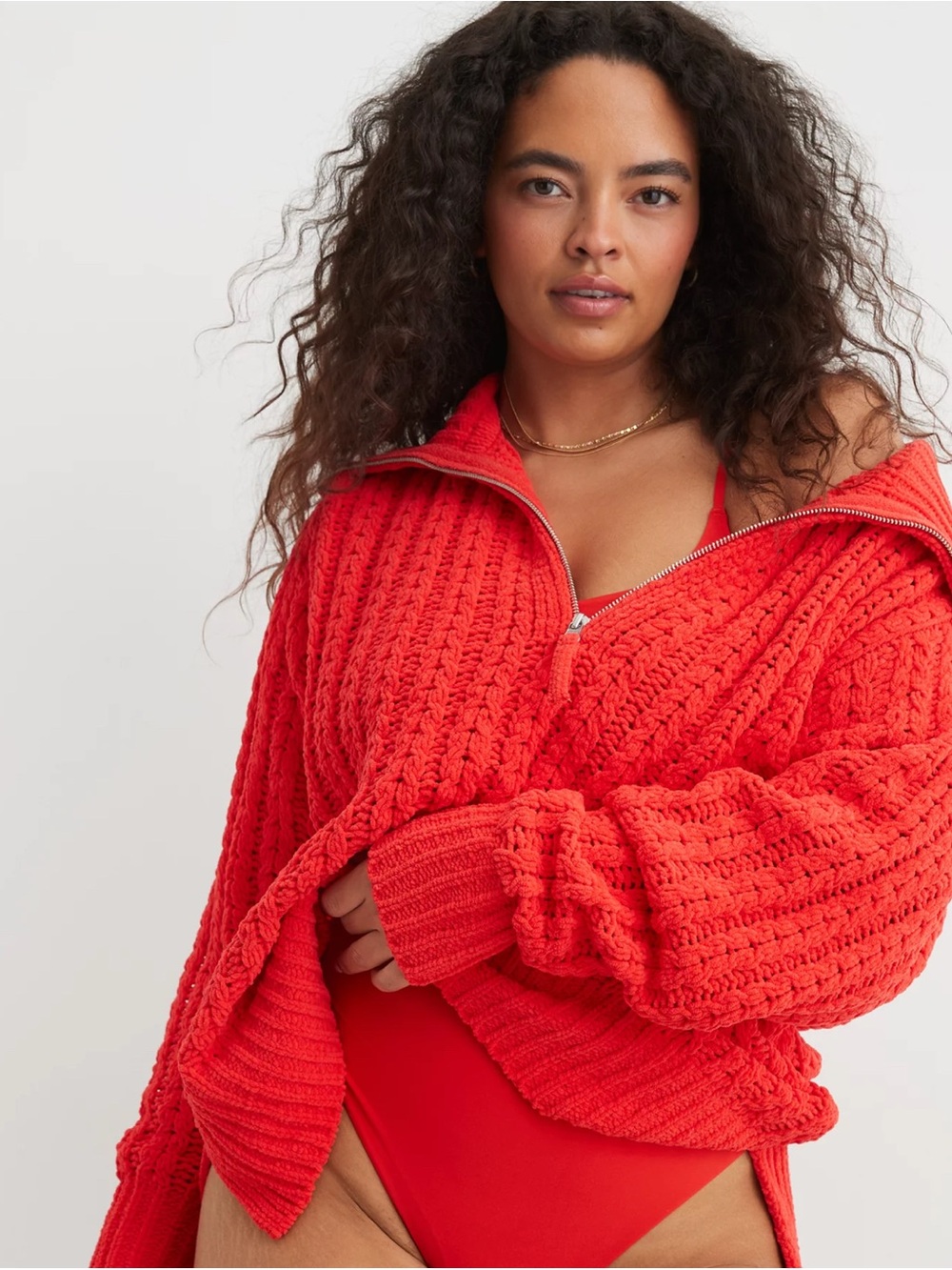 Aerie Chunky Cable Quarter Zip-Front Sweater in Red